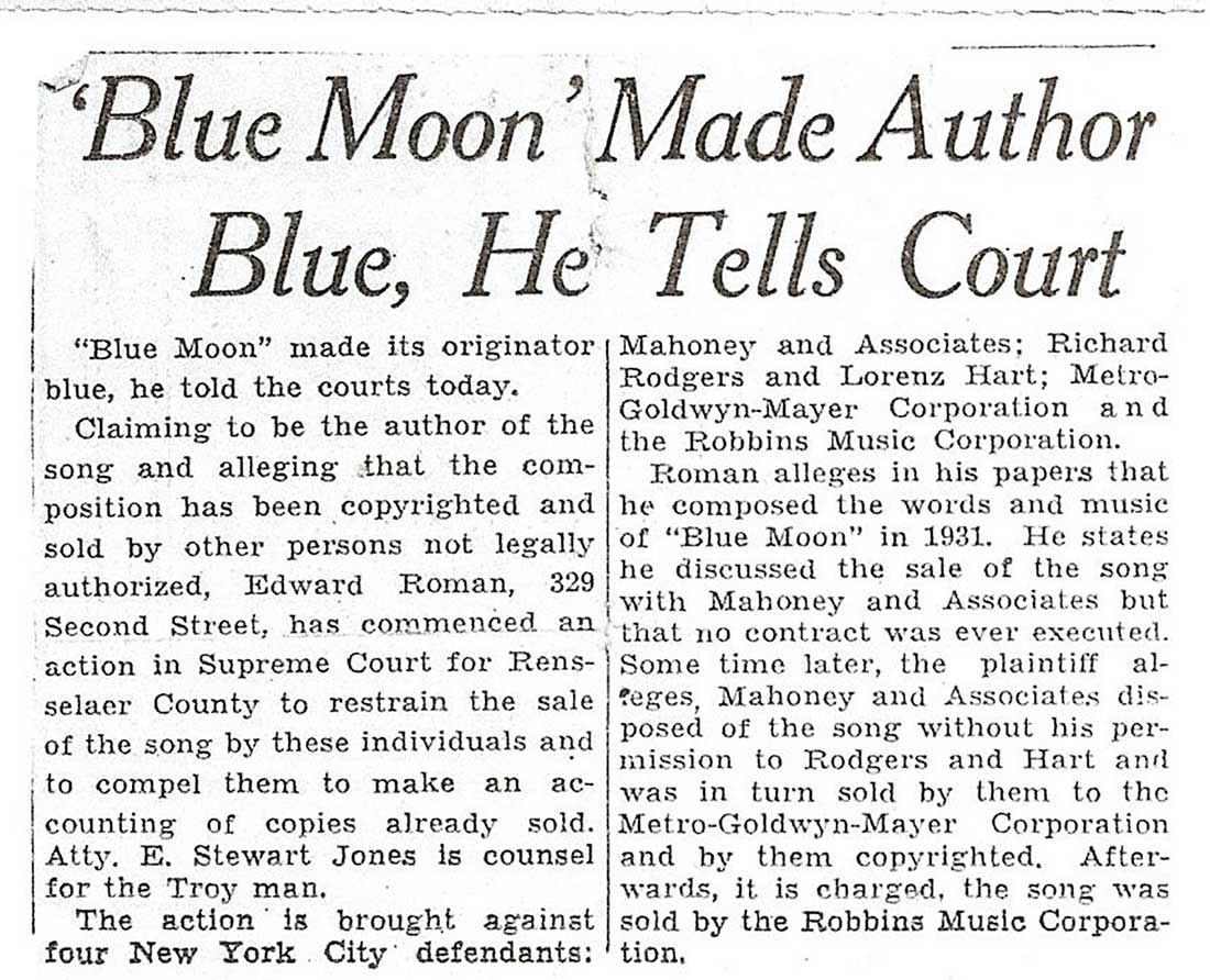 1930's newspaper article talking about copyright infringement lawsuit against Rodgers and Hart, Mohoney and Associates, Metro Goldwin-Meyer Corporation, and the robbins Music Corporation.